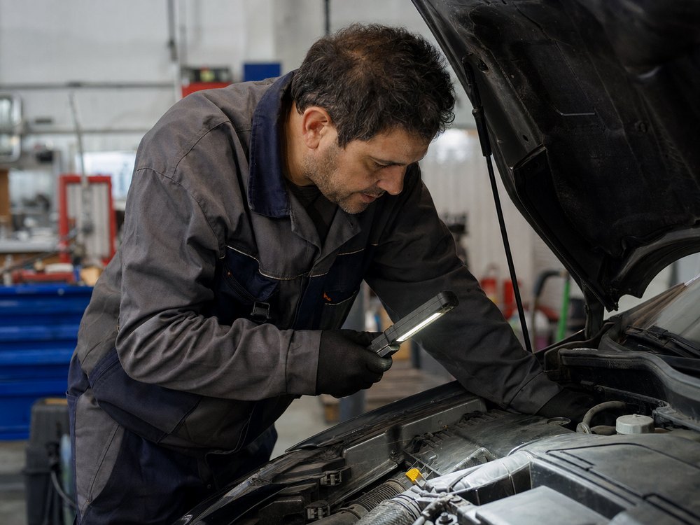Meistras tikrina automobilio variklio skyrių